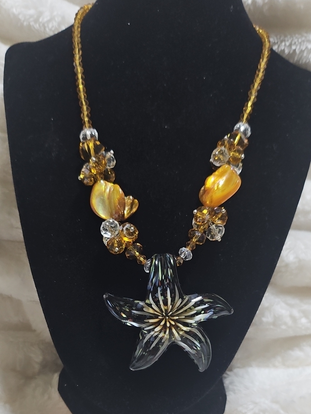 Handcrafted Amber Bead Necklace with Glass Blown Starfish Pendant W/ Earrings